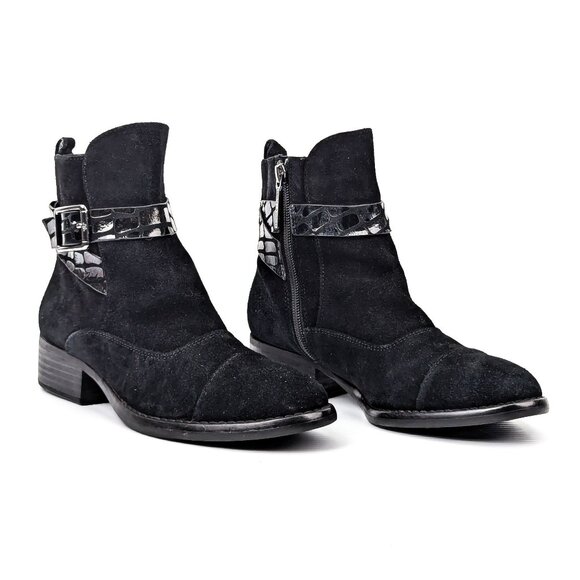 Donald J Pliner Women Porto Black Suede Buckle Zip Ankle Boots sz 6.5 - Picture 1 of 8